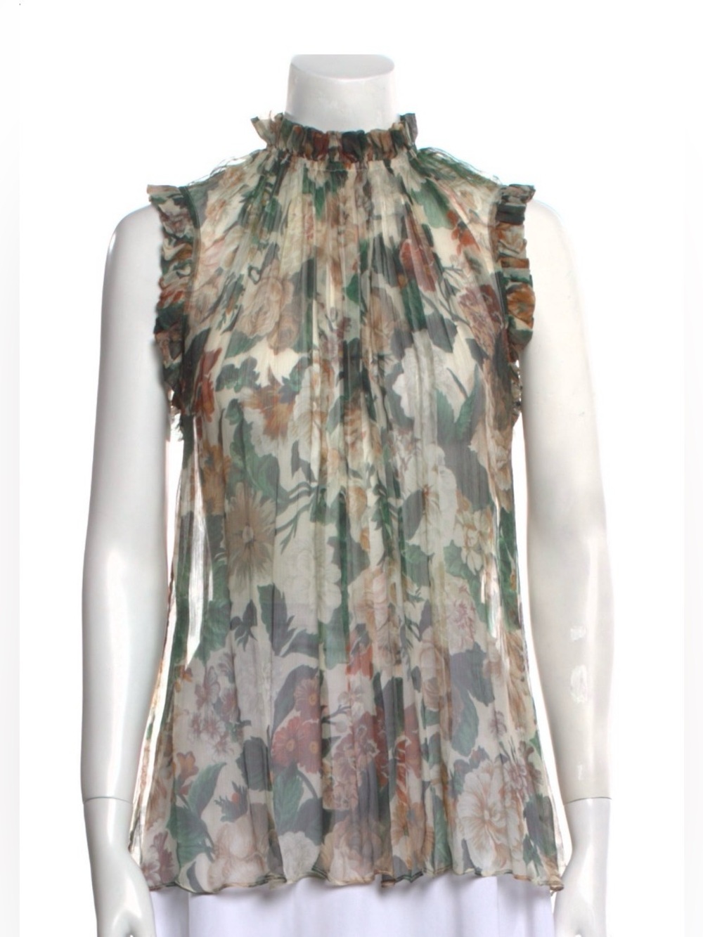 Zimmermann Sheer Floral Ruffle Neck Sleeveless Top - Green Multi Sz 0
